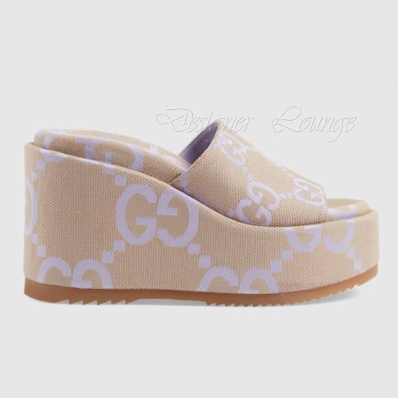 NEW GUCCI Macro GG Beige Monogram Canvas Platform Wedges Size EU 40 US 10 - Picture 7 of 13